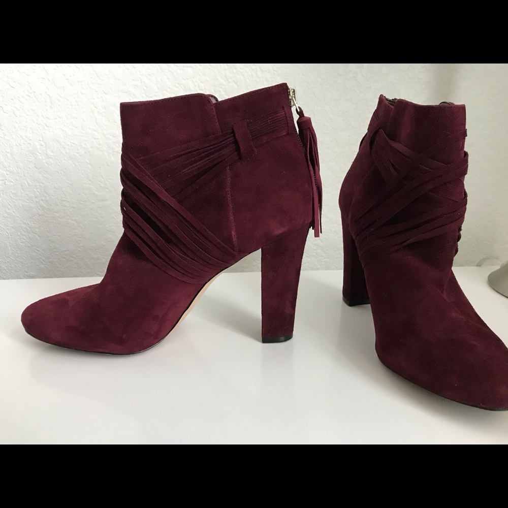 WHBM Cabernet Suede Tassel Booties